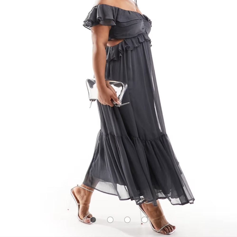 ASOS DESIGN Curve ruffle cut out off the shoulder midi dress in charcoal